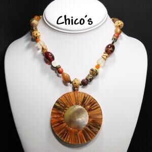 Chico's Mother of Pearl Pendant Necklace:  Art Beads & Glitter Glass Beads, 20"